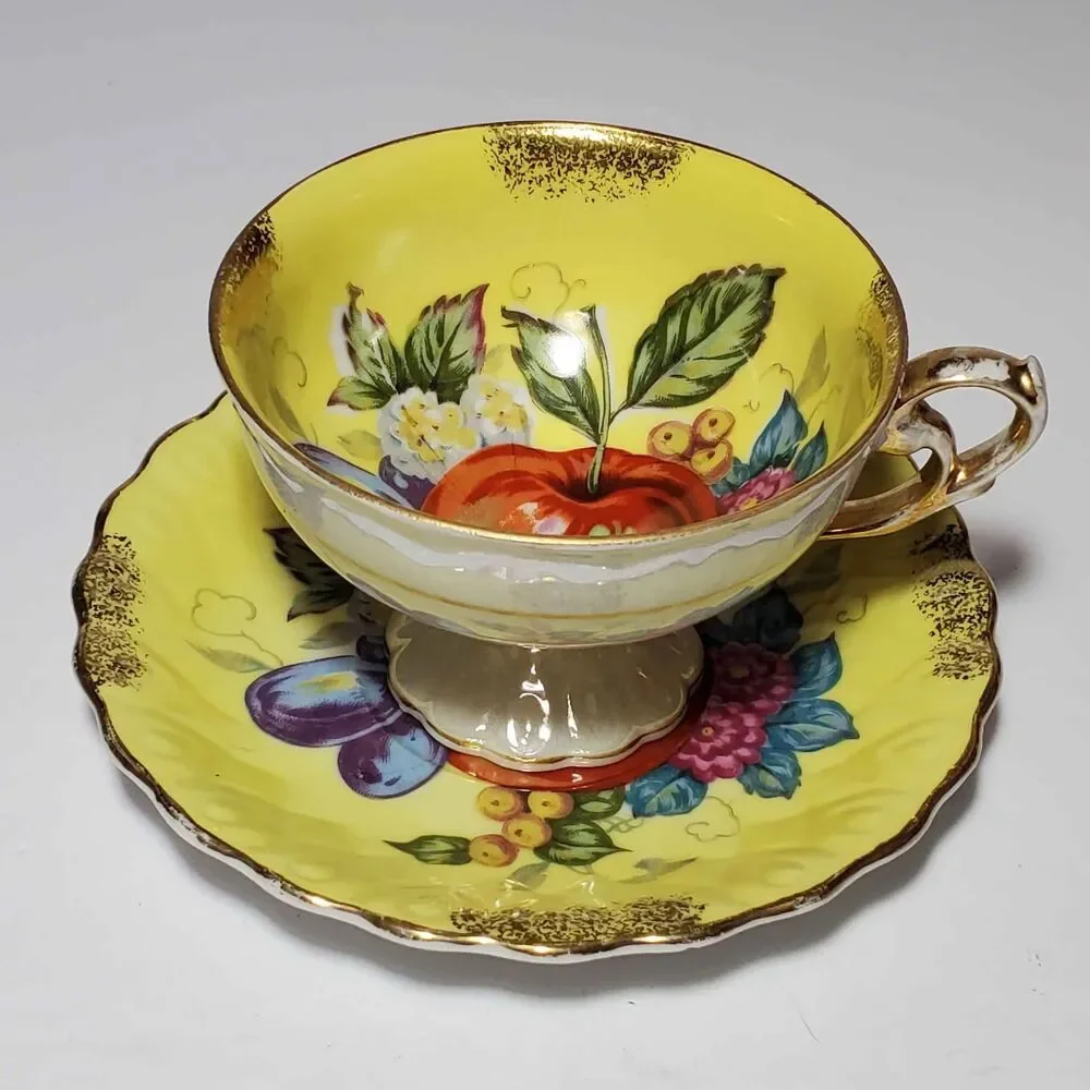 Vintage Teacup and Saucer Yellow Fruit Vintage